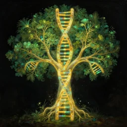 human dna! is biblical! rooted!!! translucent tree! of wisdom!! and knowledge! and enlightenment!, enchanted golden and green botany illustration, dark background, by marianne north, by android jones, hyperrealistic digital bioluminiscent oil painting, very coherent symmetry, glowing, scatter, octane render, high contrast