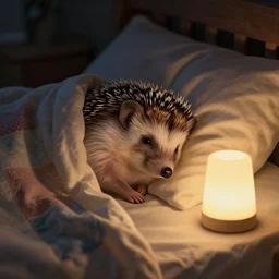 cute hedgehog sleeping in bed with dimmed nightlight beside it, comfortable, night, cute, adorable, covers, blankets, asleep, bed, blankets, patched blanket, warm painted by eyvind earle, detailed, realistic, cosy, dark