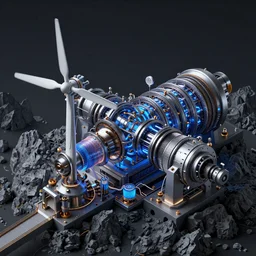 macro photography of the giant psychedelic magical machine embedded within the mountain, wind machinery, hadron collider, super conducters, fibre optics, reactor circuits, isometric, cool dark tones in the style of Luis García Mozos
