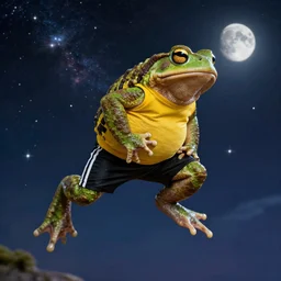 a toad! with green muscular body, wears yellow sleeveless shirt and black sport shorts, jumps to the sky and stars, cosmos, moon, by mucha and caspar david friedrich, atmospheric lighting, intricate detail, cgsociety, hyperrealistic, octane render, rpg portrait, ambient light, dynamic lighting