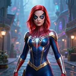a beautiful spiderwoman wearing a magical armor posing in a magical road town, hyper realistic face, fantasy art, in the style of greg rutkowski, illustration, epic, fantasy, intricate, hyper detailed, artstation, concept art, smooth, sharp focus