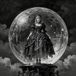 By Tom Bagshaw, ultra realist soft painting of a curiosities carnival gigantic transparent glass sphere by night, very beautiful female dollpunk in full gothic dress, symmetry accurate features, very intricate details, omnious sky, black and white, volumetric light clouds
