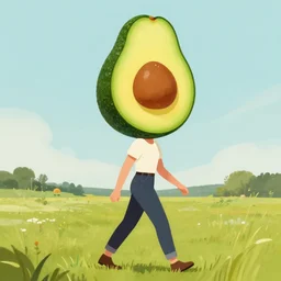 avocado as head, emma watson walking in a field, agrocore, flat light, painting, digital painting, artstation,