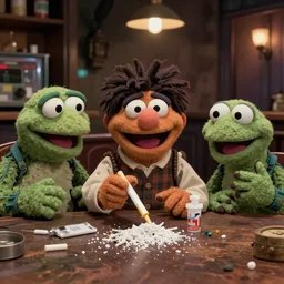 Photograph of muppets using heroin and crack in a drug den. By Jim Henson Company and Studio Ghibli