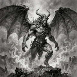 full body grayscale drawing by Anato Finnstark of wingless balrog in heroic pose, swirling flames, alphonse mucha,