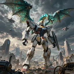 a massive futuristic sci - fi metropolis designed by james clyne being attacked by a giant gundam praying mantis mecha robot designed by paul ozzimo, a teal fire - breathing winged dragon by greg rutkowski flies in the sky, mountainous landscape in the distance by albert bierstadt, ominous stunning sky by ivan aivazovsky, sky filled with sci - fi fighter alien aircraft by ryan church