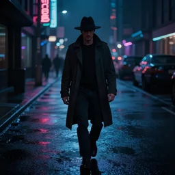 a man wearing a trenchoat, walking down a dark street, neonoir, cyberpunk, Blade Runner inspired, film still