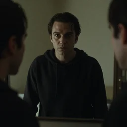 serial killer cult leader looking in the mirror, centered on the camera, film still from horror documentary movie, 4k