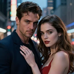 movie superhero couple closeup, DC vs Marvel fashion, VFX magic powers at night in the city, city street, beautiful skin, natural lighting by Emmanuel Lubezki