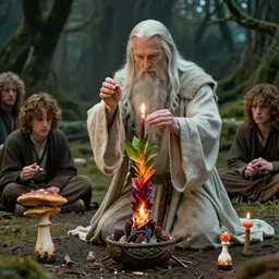 gandalf doing a shamanic ritual with frodo in the movie lord of the rings, ayahuasca, dmt, magic mushroom, ultra realistic