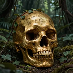chiaroscuro Still life photo of ray of light shining on golden skull completely etched with detailed and intricate ancient rune symbols, and overtaken by plant ivy filigree, in a Vast jungle background, by ayami kojima