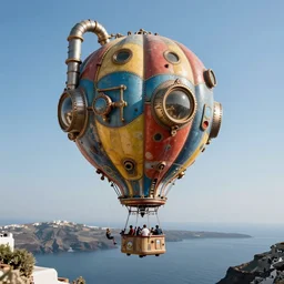 large colorful futuristic space age metallic steampunk steam - powered balloons with pipework and electrical wiring around the outside, and people on rope swings underneath, flying high over the beautiful greek islands landscape, professional photography, 8 0 mm telephoto lens, realistic, detailed, photorealistic, photojournalism