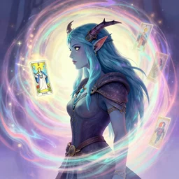 side portrait, female half - orc forest warlock, gloomhaven, luminescent, colorful swirly magic ripples, tarot, pastel colors, by greg manchess, huang guangjian, gil elvgren, sachin teng, greg rutkowski, jesper ejsing, ilya kuvshinov