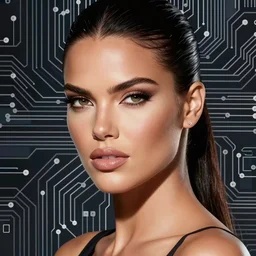 the face of beautiful, elegant, polished, enticing adriana lima made of circuitry, an ultrafine hyperrealistic illustration by artgerm and mucha, intricate linework, bright colors, final fantasy, unreal 5, global illumination, radiant light, intricate environment, subsurface scattering