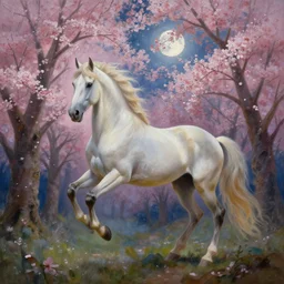 a beautiful painting of a centaur in a cherry blossom forest, volumetric lighting, moonlit by greg rutkowski and kalin popov, trending on artstation, masterpiece,