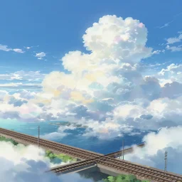 a beautiful ultradetailed anime illustration，up to bottom is clouds，sea，railway，by makoto shinkai，anime wallpaper 4k，prismatic