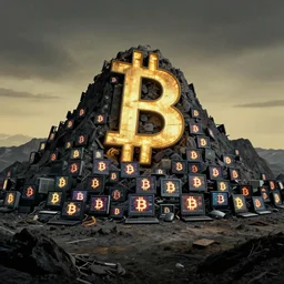 a mountain made out of computer screens that display bitcoin logos, cinematic, post apocalyptic landscape, harsh contrast lighting, in the style of surrealism, made by salvador dali