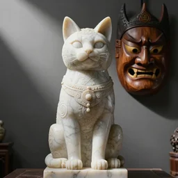 a cinematic view of a ornated cat statue made with marble using oni wooden mask