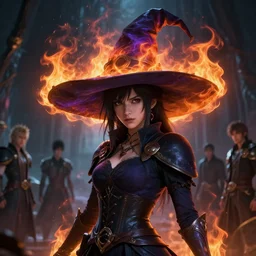 a beautiful dark magician girl with a large witches hat covered in colourfull flames by Greg Rutkowski, Sung Choi, Mitchell Mohrhauser, Maciej Kuciara, Johnson Ting, Maxim Verehin, Peter Konig, final fantasy , mythical, 8k photorealistic, cinematic lighting, HD, high details, atmospheric,