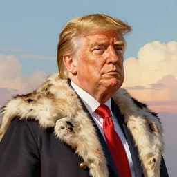 colorful illustrated realistic rendition of President Trump. Trump wears a cloak of fur. His golden hair combed over, golden hour portrait, classical art style