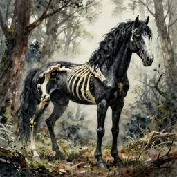 highly detailed watercolor, black skeleton horse, anatomical, forest, decay, darksouls, bloodborne, nostalgia for a fairytale, magic realism, the mane and tail are made of moss and flowers, mysterious, vivid colors, by charles vess, anato finnstark, cinematic lighting, beautiful face by leyendecker