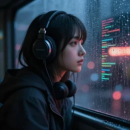 Noctis with headphones is looking at a rainy window in the style of a code vein character creation, cyberpunk art by Yuumei, cg society contest winner, rayonism light effects and bokeh, daz3d, vaporwave, deviantart hd