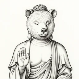 detailed pen and ink illustration of a Buddhist bodhisattva with a bears head, anthropomorphic, seated in royal ease, 0.2 black micron pen on white paper, gilded gold halo behind head, highly detailed, fine pen work, white background, in the style of Olivia Kemp