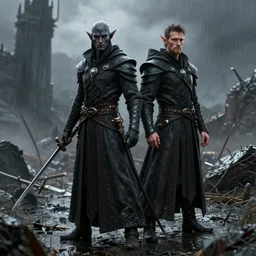 ( ( ( ( ( hyperrealist cg of an dark elf in wizard robes on a rainy battlefield. ) ) ) ) ) by daniel f. gerhartz and matt stewart, fantasy, photorealistic, octane render, unreal engine, dynamic lighting, bet face, handsome drow, beautiful, perfect factions, perfect drow, trending on artstation, poster, volumetric lighting, very detailed faces, 4 k, award winning