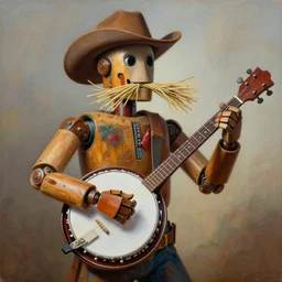 painting of a country bumpkin robot playing a banjo, straw in his mouth, style of pablo picasso, high detail, hyper realistic, 8 k