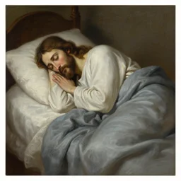 Jesus Christ asleep tucked in in his bed, old realistic painting trending on artstation