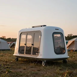 photo of innovative biomechanical survival pods in a field at sunset, campsite, generative design structure, black and orange colour palette, geodesic design, photorealistic, golden hour