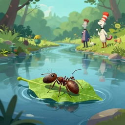 an ant on a leaf in a river. tranquil digital art pastelpiece masterpiece trending on artstation by noel fielding, beeple, james gunn, gorillaz, marvel studios and dr seuss. hyper detailed art with 4 k macrolens, curated by beeple, unreal engine, art station and emmy winning gorillaz.
