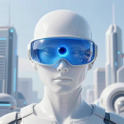 techno god wearing a blue glass eye visor surrounded by futuristic city, high tech, blue light, ultra detailed, intricate, digital art, 4 k, golden ratio, - n 4