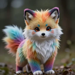 a dlsr canon shot of a cute colorful furry 🐿 with rainbow fur, photorealistic, ultrareal, zeiss lens, depth of field