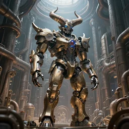Techno-God is an ancient mechanical giant horned God standing in the inside a megastructure consisting of pipes, fantastic art, 8k, ultra realistic, hyperrealism