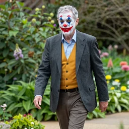 Jerome Powell with colorful clown makeup all over his face whiteface, walking outside in a garden
