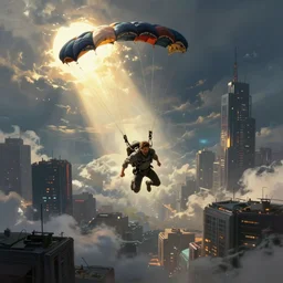 man parachuting into a dark cyberpunk city through clouds, volumetric lighting, dystopia, artstation, concept art, painting