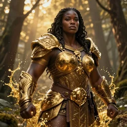 portrait, a beautiful dark skinned female dungeons and dragons barbarian, in the forest, dramatic lighting, strong broad robust figure, jeff easley, cyancapsule, smooth, intricate, highly detailed, golden hour, splash art, high fantasy