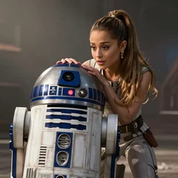 a still of Ariana Grande with R2-D2 in a stars wars film