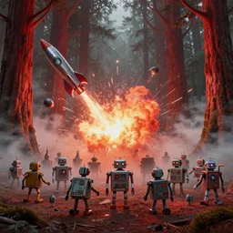 a bunch of tin toy robots in a redwood forest, explosions, rockets, bombs, sparks, haze, fog art by ismail inceoglu and filip hodas. matte painting, tenebrism, vaporwave style, artistic render