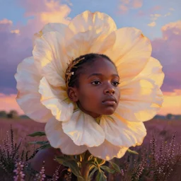 closeup, large flower as head, african girl in heather field, surreal photography, golden hour, colorful clouds, impressionist painting, digital painting, artstation, simon stalenhag