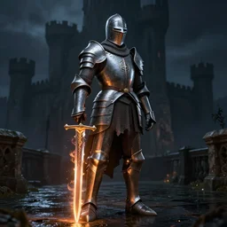 anatomically correct knight with burning sword, dark night, castle on the background, wet surface, unreal engine 5, lumen technology, incredible detalization, by alberto mielgo