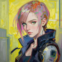 anime cyberpunk ellen page, intricate oil painting by greg rutkowski trending on artstation