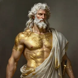 painted portrait of ruggedly handsome zeus, [ [ gold paint smeared on torso ] ] greek god by greg rutkowski craig mullins artgerm white hair muscular masculine manly mature flowing robe greek motifs fantasy intricate elegant detailed digital painting concept art artstation sharp focus illustration