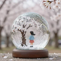 sakura trees and small girl inside a snowglobe