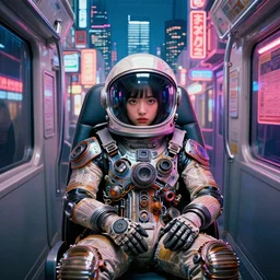 hologram asian girl, engine part face, space helmet and suit from motor parts, sitting on pilot seat, inside Tokyo subway alley, neon signs, glass reflections on top, osaka skyline background, low contrat, chinese revolution woodcut style