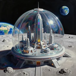a matte masterpiece epic scene painting of an arcturian transparent glass domed futuristic city outpost on the moon, colorful earth in the distant background, highly detailed, in the style of greg rutkowski and remedios varo, digital art, cinematic lighting, high octane, hyper photorealism, trending on artstation, 8 k