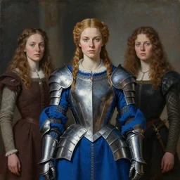 portrait of medieval swedish woman wearing cerulean power armor with steel overbust corset. intricate painting by ross tran, magali villeneuve, and jeremy mann.