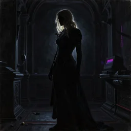 silhouette of a Elle Fanning in Dark Souls, pitch black room, extremely detailed masterpiece, oil on canvas, low-key neon lighting, artstation, Blade Runner 2049, Roger Deakin’s cinematography, by J. C. Leyendecker and Peter Paul Rubens,