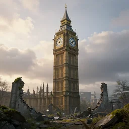 a destroyed clock tower in a destroyed London at sunrise, ruins, clouds in the sky, concept art, octane render, unreal engine 5, trending on Artstation, high quality, 8K, soft lighting, highly detailed, trending on DeviantArt, mossy, apocaliptic, serene landscape, beautiful, cgsociety, godrays, path traced